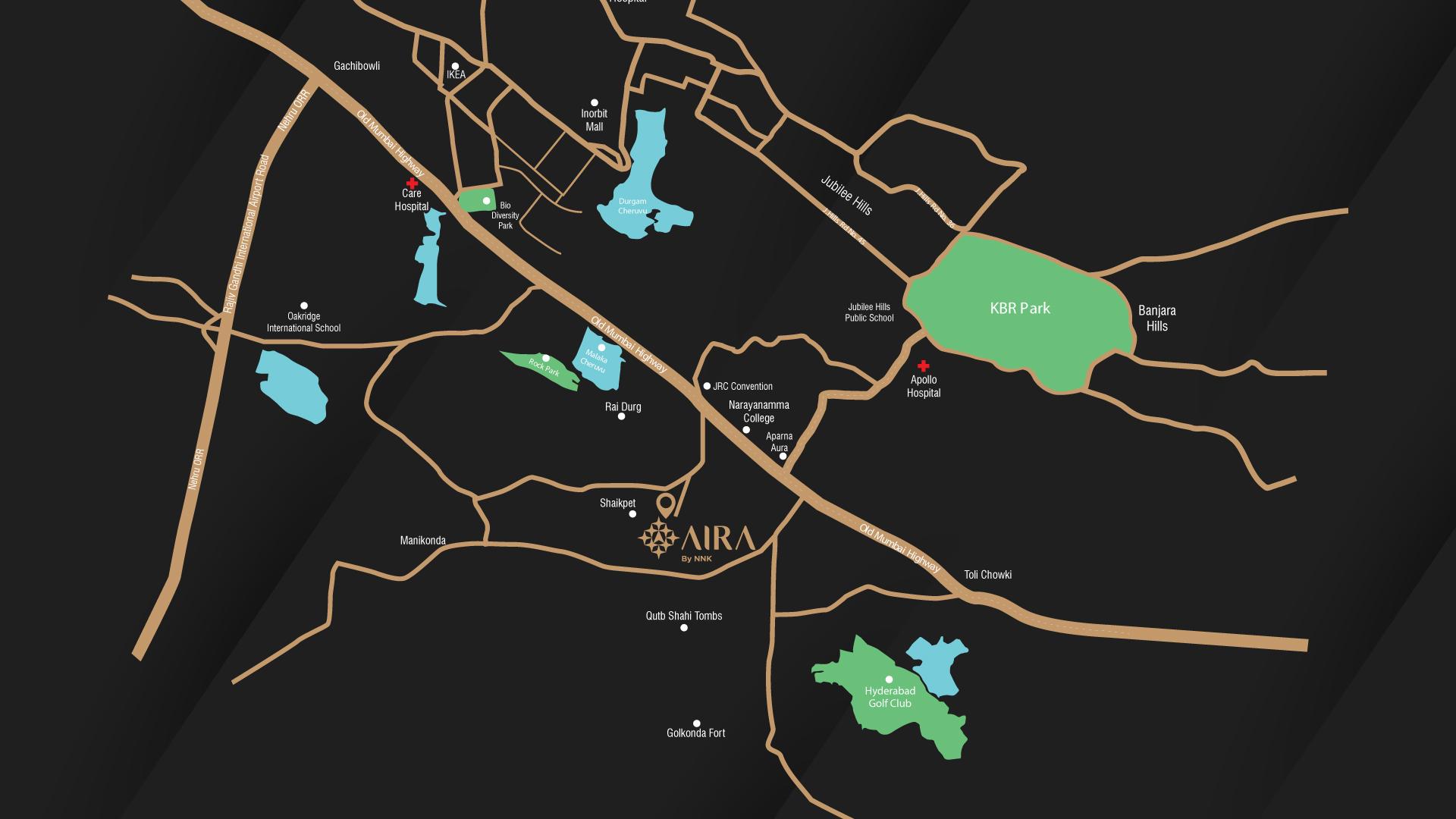 Illustrated map showing Aira hilltop community location in Shaikpet near Golconda Fort